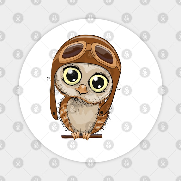 Cute little owl with big eyes and an aviation hat Magnet by Reginast777